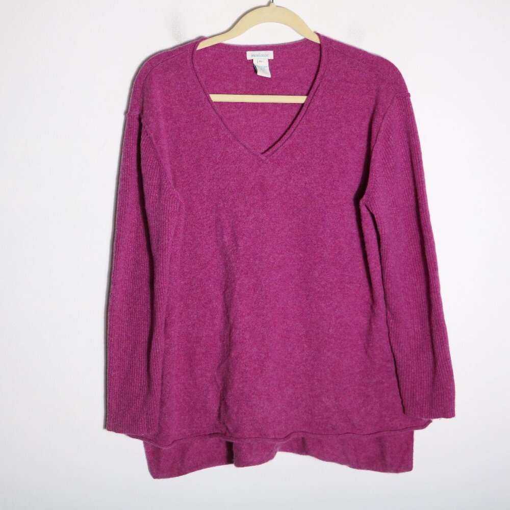 Sundance‎ Cashmere V Neck Slouchy Sweater Womens PL Magenta Roll Hem Boho Petite